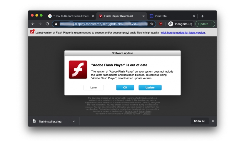 falošný doplnok Adobe Flash pre macOS